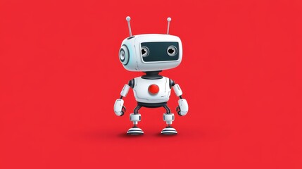 Poster - Friendly Robot Character on Red Background - A friendly, white robot with a red button on its chest stands on a red background, symbolizing technology, automation, artificial intelligence, future, and