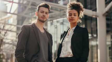 Two young professionals in stylish attire stand confidently in an urban setting, framed by the modern glass architecture around them.