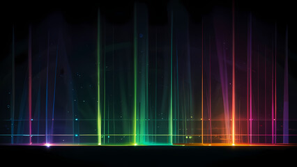 Wall Mural - flat vector background illustrating a laser light show, with beams of different colors shooting across the scene