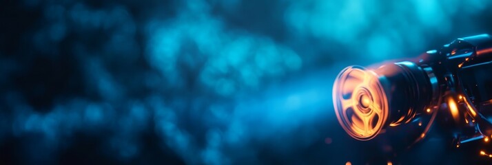 Poster - Futuristic Camera Lens Glowing in Blue and Orange Light - A close-up of a futuristic camera lens with a glowing orange light, against a blurry blue background. This image symbolizes innovation, techno