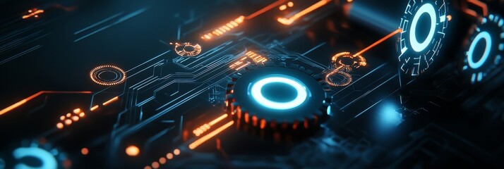 Poster - Futuristic Circuit Board with Glowing Lights - A close-up shot of a futuristic circuit board with glowing orange and blue lights, symbolizing technology, innovation, connectivity, progress, and the fu