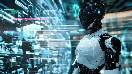Poster - A humanoid robot is positioned in front of a bright digital screen filled with data patterns, showcasing innovative technology and design.