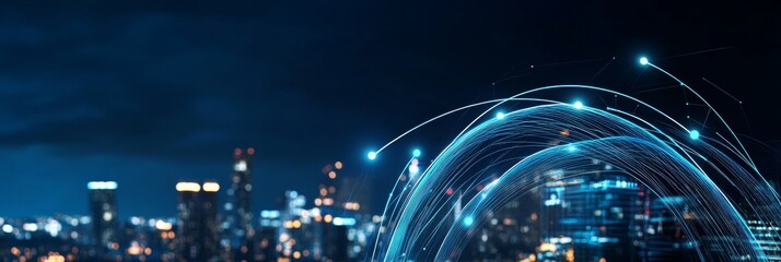 Poster - Futuristic Cityscape with Digital Network Connections - A mesmerizing depiction of a modern city at night, illuminated with glowing lights, connected by a dynamic network of blue digital lines symboli