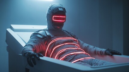 Wall Mural - Futuristic Cyborg in a Tub with Neon Lights - A cyborg wearing futuristic armor and a helmet with glowing red lights, relaxes in a bathtub with more red neon lights wrapped around them, symbolizing te