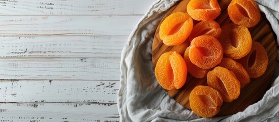 Dried apricots on a wooden board against a white wood background Rustic style Represents vegetarian and diet snack options Open area for text. Copy space image. Place for adding text and design