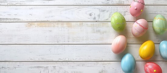 Poster - colored easter eggs on a white wooden background. Copy space image. Place for adding text and design