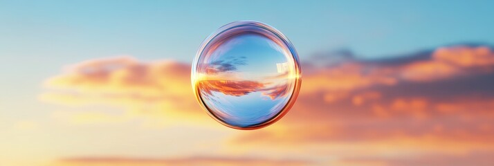 Poster - Glass Sphere Reflecting Sunset Sky - A glass sphere floats in a vibrant sunset sky, reflecting the warm colors of the clouds. The image symbolizes reflection, perspective, and the beauty of nature.