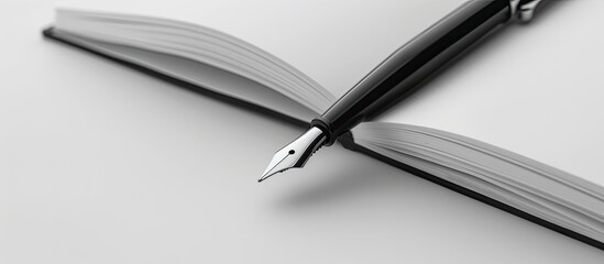 Poster - close up of a pen and an open notebook. copy space image. place for adding text and design