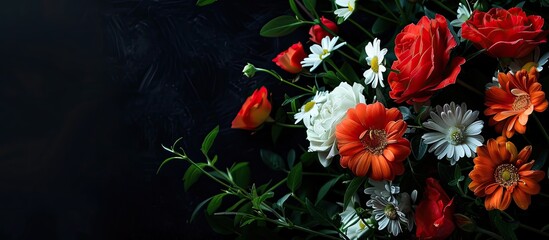 Poster - Beautiful fresh flowers against a black background with room for text. Copy space image. Place for adding text and design