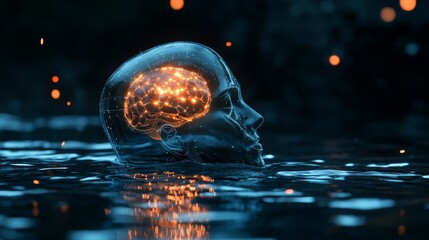 Poster - glowing mind in water: a visual representation of thought and creativity - a glass head submerged in