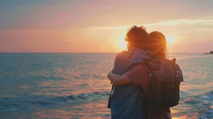 Wall Mural - A couple embraces as they watch a breathtaking sunset over the ocean, their silhouetted forms framed by the warm hues of the sky and water.