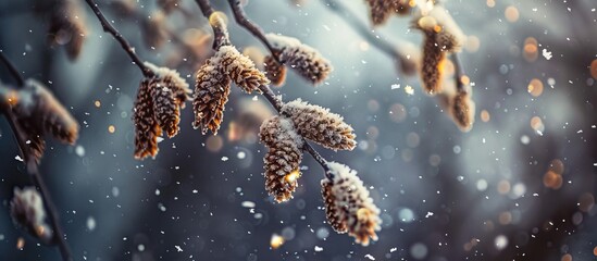 Wall Mural - Enjoy the beautiful view of the first snowfall on birch catkins Experience the wonder of winter as you observe this incredible natural event Capture stunning photos of the fragile birch catkins blank