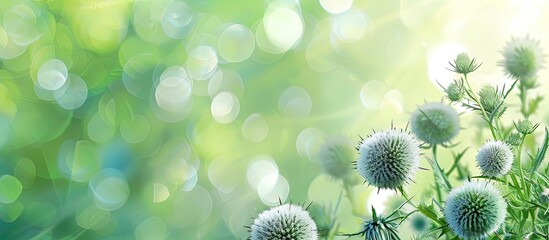 Wall Mural - Echinops or Globe Thistle Blurred Green Background Copy Space