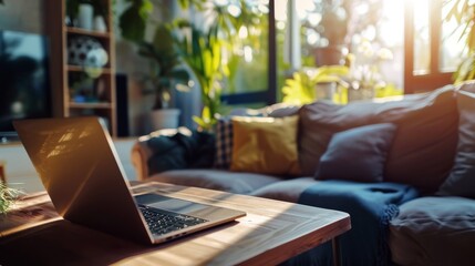 Sticker - A sunlit home workspace with a laptop on a wooden table, surrounded by vibrant green plants, evoking a productive yet relaxing atmosphere.