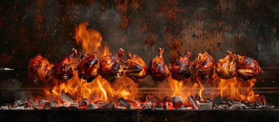 Wall Mural - Roasted chickens on a spit grilled over the fire of a large barbecue. Copy space image. Place for adding text and design