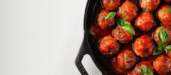 Sticker - Homemade meatballs in tomato sauce shown up close Beef meatballs in a cast iron pan against a white background. Copy space image. Place for adding text and design