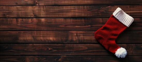 Poster - Christmas background with a sock on a brown wooden table surface Flat lay Top view with copyspace on the right