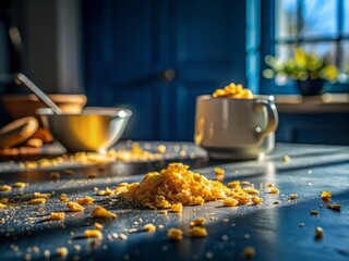 Vibrant yellow crumbs, dark blue kitchen counter, dramatic shadows, high-contrast light, 50mm lens, f/2, ISO 200, breakfast scene, morning rush.