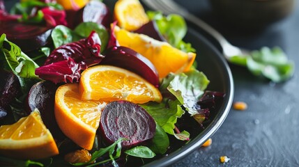 Wall Mural - A vibrant salad featuring fresh mixed greens, juicy orange slices, and earthy beetroot pieces arranged in a bowl, creating a colorful and healthy dish.