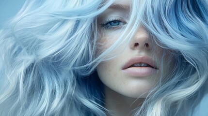 Wall Mural - A young woman with striking wavy hair in various shades of blue gazes directly at the viewer, illuminated by gentle lighting.