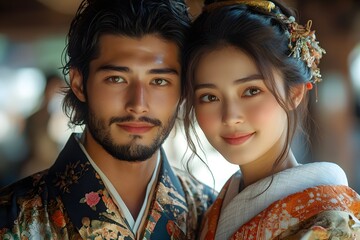 Japanese man and woman dressed in traditional attire