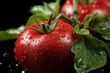 Vertical close up shot of a fresh raw tomato with its green leaf, generative IA