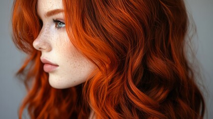 Poster - A woman showcases her striking red, wavy hair, illuminated softly against a muted background, highlighting her natural beauty.