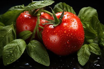 Wall Mural - Coeur tomatoes with close up basil sheet, generative IA