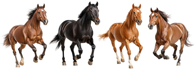 a collection of four horses running together, isolated on a white background.