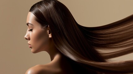 A peaceful woman with flowing dark hair gracefully looks down in profile, her hair captured in motion against a simple background.