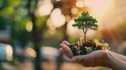 Wall Mural - Hands cradle soil with a small tree sapling, bathed in warm sunlight, embodying themes of growth, sustainability, and care for nature.