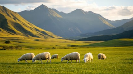 A serene landscape with grazing sheep in lush green fields against majestic mountains under a blue sky.