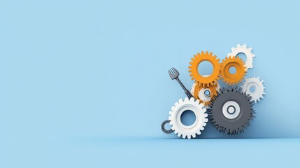 Poster - interlocking gears and fork on a blue background - a collection of gears interlocked together, symbo