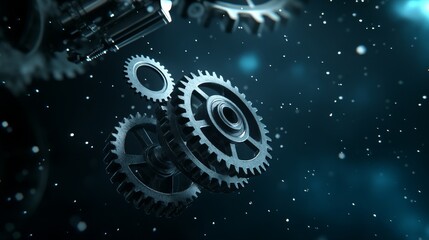 Poster - interlocking gears in a cosmic setting: the essence of collaboration - a captivating image of metal 
