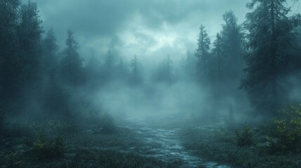 Aufkleber - A serene forest path is shrouded in thick fog during early morning hours, with silhouettes of tall pine trees creating a captivating atmosphere of mystery and tranquility