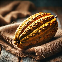 Cacao Pods, Beans, and Chocolate Bar on linen fabric Surface, dessert cooking 