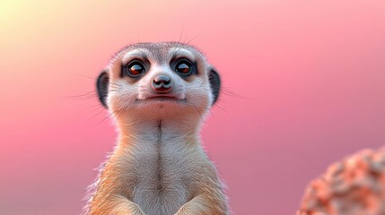 Close-up portrait of an adorable meerkat against a soft pink gradient background, highlighting its curious expression and big eyes.