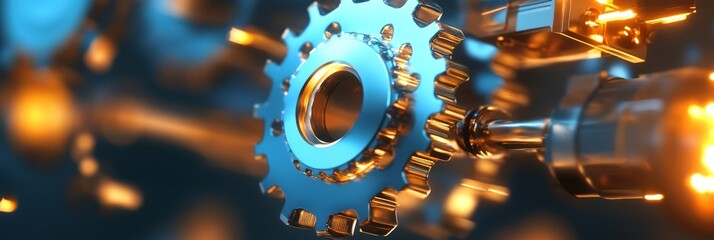 Poster - Metal Gear Cogwheel - Mechanical Engineering & Technology - A close-up of a metal cogwheel with a blurred background of other gears, symbolizing precision, efficiency, teamwork, innovation, and advanc