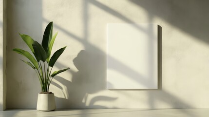 Poster - Minimalist Interior Design with White Canvas Mockup and Green Plant - A modern and minimalist interior design featuring a white canvas mockup against a neutral wall, adorned with a vibrant green plant
