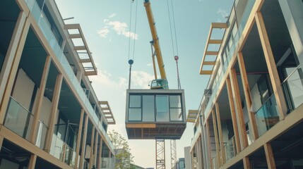 A crane lifts a prefabricated building module between modern urban structures under clear skies.