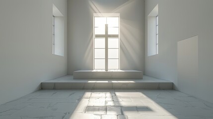 A monochrome church interior features a grand altar with a large cross-shaped window, casting light onto the stone floor and illuminating the serene atmosphere.