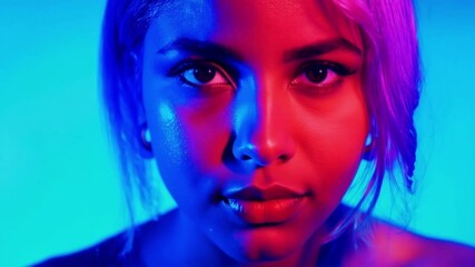 Poster - Close up portrait of a young woman with creative make up, illuminated by blue and pink lights, creating a captivating contrast on her face