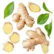 © Rona_65 - Fresh ginger root with sliced pieces and green leaves isolated on a white background.