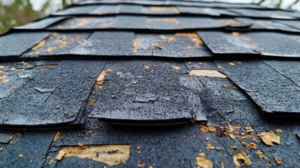 Poster - Old and Weathered Wooden Shingle Roof Close Up - A weathered and aged wooden shingle roof with peeling paint and signs of damage, showcasing the natural process of decay. The image symbolizes time, re