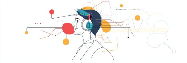 Poster - Person Listening to Music with Headphones and Abstract Design - A person listening to music with headphones, surrounded by abstract lines and shapes representing connectivity, creativity, and flow of 