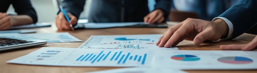 Poster - Business meeting with professionals reviewing charts and graphs, focusing on data analysis and financial strategy in a collaborative environment.