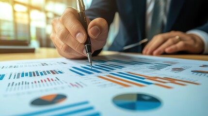 Poster - Close-up of a business professional analyzing financial documents with charts and graphs, focusing on data analysis and decision making.