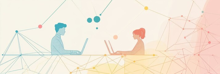 Poster - Remote Collaboration and Communication:  Connecting People and Ideas - Two individuals, represented by silhouettes, are working remotely on their laptops, connected by a network of lines symbolizing c