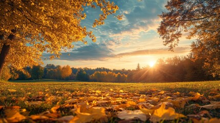 Peaceful autumn scene showcasing the beauty of nature as yellow leaves gently descend from vibrant trees under a mesmerizing sunset sky.