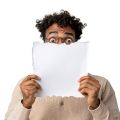 Surprised man holding blank paper with wide eyes, expressing curiosity or excitement. isolated on a white background.